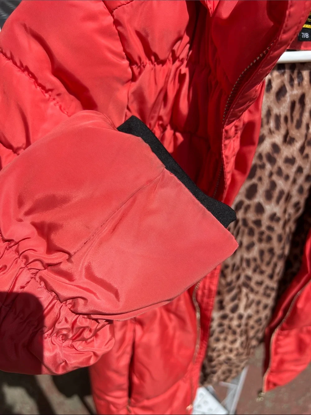 Girl’s 7/8 Red/Orange Puffer Coat with Leopard Lining